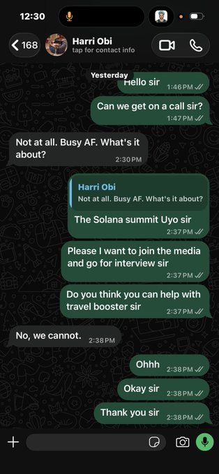 A WhatsApp chat with 'Harri Obi' regarding the Solana Summit Uyo, where the user requests to join as media and asks for a travel booster but is declined.