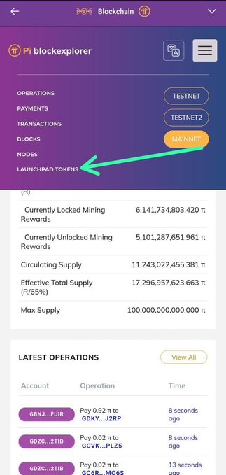Screenshot of the Pi BlockExplorer showing a "LAUNCHPAD TOKENS" menu option pointed to by a green arrow, alongside blockchain statistics including a circulating supply of 11,243,022,455.381 π and a max supply of 100,000,000,000.000 π. The image visually supports the announcement that the Launchpad Tokens section has been added to the BlockExplorer, preparing for future token activity tracking.