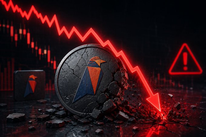 The image depicts a cracked Ravencoin (RVN) coin shattering against a dark background, with a stark red downward-trending arrow and a warning sign symbolizing the cryptocurrency's historic crash, visually reinforcing the post's message about RVN plummeting to an all-time low of ~$0.0034 following a consensus vulnerability that reduced its market cap to just $56–57 million.