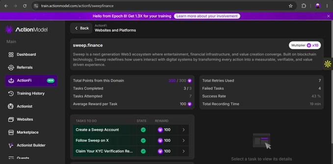 Screenshot of the ActionFi dashboard on train.actionmodel.com showing the sweep.finance domain with tasks like 'Create a Sweep Account' and 'Follow Sweep on X' each worth 100 points, and a 43% success rate.
