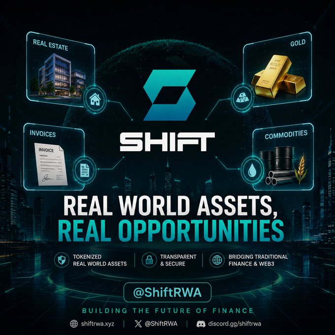 The image features a poster for ShiftRWA that showcases real world assets and their potential uses. The poster includes various icons representing different types of assets, such as real estate, gold, and oil. These assets are depicted in a digital format with blue and green colors, creating an appealing visual effect. The text on the poster highlights the benefits of using Real World Assets for investing and showcases how ShiftRWA is bridging traditional assets and blockchain technology to make them more accessible and transparent.