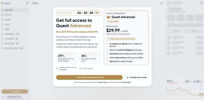 A Quant Advanced monthly subscription promotional page offering AI market intelligence access at $29.99/month (down from $49.99), with a countdown timer and features like analytics, signals, and wallet tracking.