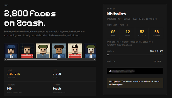 A cryptocurrency website displays '2,800 Faces on Zcash' featuring pixel-art avatars, with a ZEC price of 0.02 and a countdown timer for an upcoming whitelist mint.