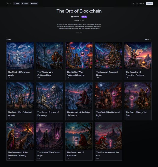 The image displays an NFT collection called "The Orb of Blockchain" featuring 15 fantasy-themed artwork cards with titles such as "The Monk of Returning Winds," "The Warrior Who Outlasted War," and "The Bard of Songs Yet Born," all priced at 101. The collection is a mythic fantasy series depicting heroes, artists, collectors, and patrons encountering a mysterious orb from tomorrow, aligning with the "Heroic Gm" theme by showcasing epic, heroic figures in its mystical imagery.