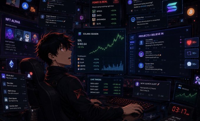 An anime-style illustration of a young person at a desk surrounded by glowing monitors displaying crypto trading data, including charts for SOL at $182.64 with trending gains, and labels like "SOLANA SEASON," "FOMO IS REAL," "NFT ALPHA," and "LIVE TRADES."