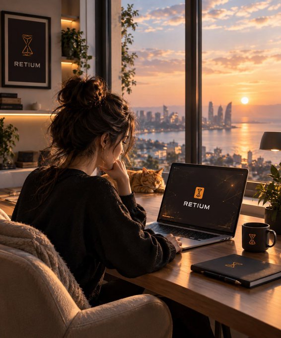 A woman sits at a desk looking out a window at a sunset cityscape; a laptop, mug, and sign all display the logo 'RETIUM'.