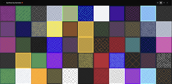 A gallery interface labeled "Optiframes by Karmaola" displays a grid of colorful, patterned fabric swatches.