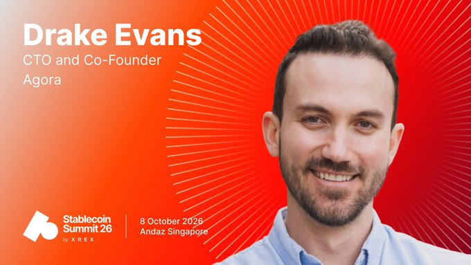 A promotional graphic for the Stablecoin Summit 26 by XREX event, scheduled for 8 October 2026 at Andaz Singapore, featuring a headshot of Drake Evans, CTO and Co-Founder of Agora.