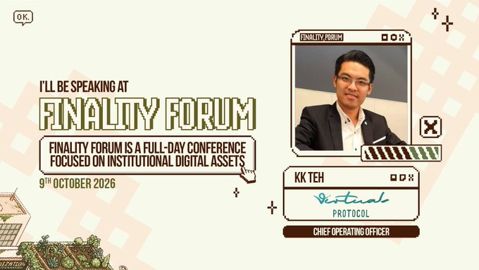 A promotional banner for the 'Finality Forum' conference on 9th October 2026, featuring speaker KK Teh, Chief Operating Officer of Neutral Protocol.