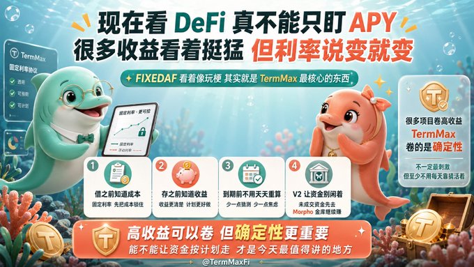 A Chinese-language DeFi advertisement for TermMax featuring cartoon dolphins, promoting FIXEDAF as the 'core' offering with claims about fixed yields vs. variable APY.