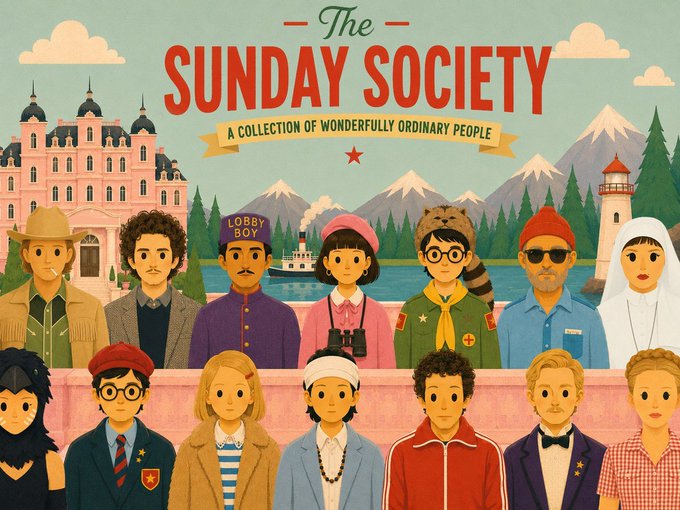 The album cover for 'The Sunday Society - A Collection of Wonderfully Ordinary People,' featuring illustrated portraits of various characters against a scenic backdrop.