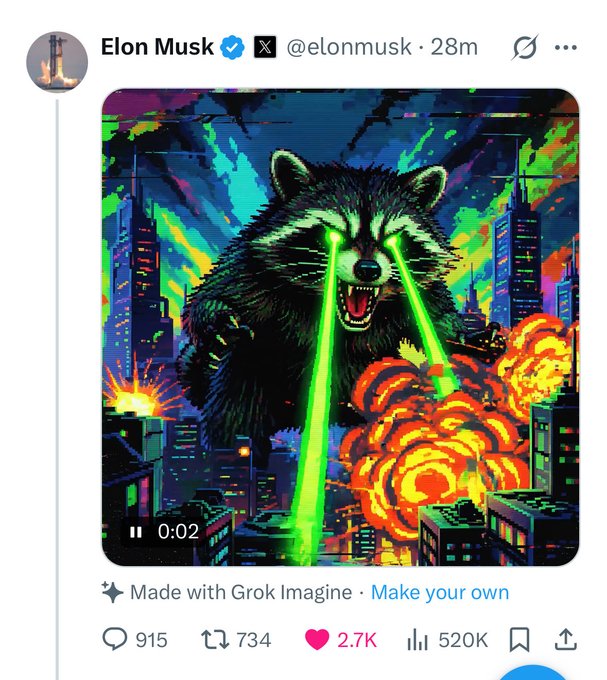 An Elon Musk (@elonmusk) post showing a Grok-generated AI image of a giant raccoon shooting green laser beams from its eyes while destroying a cityscape with explosions, posted 28 minutes ago with 2.7K likes and 520K views.