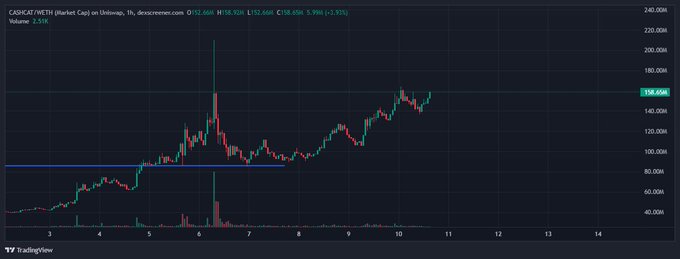 A TradingView 1-hour candlestick chart of CASHCAT/USDT on DexScreener shows the price at 158.65M with a 3.99% (+3.61%) gain, featuring a massive volume spike (2.58K) around early June that lifted the price from the 80M support level to current highs near 158M, fitting the playful "$cashcat" hype post.