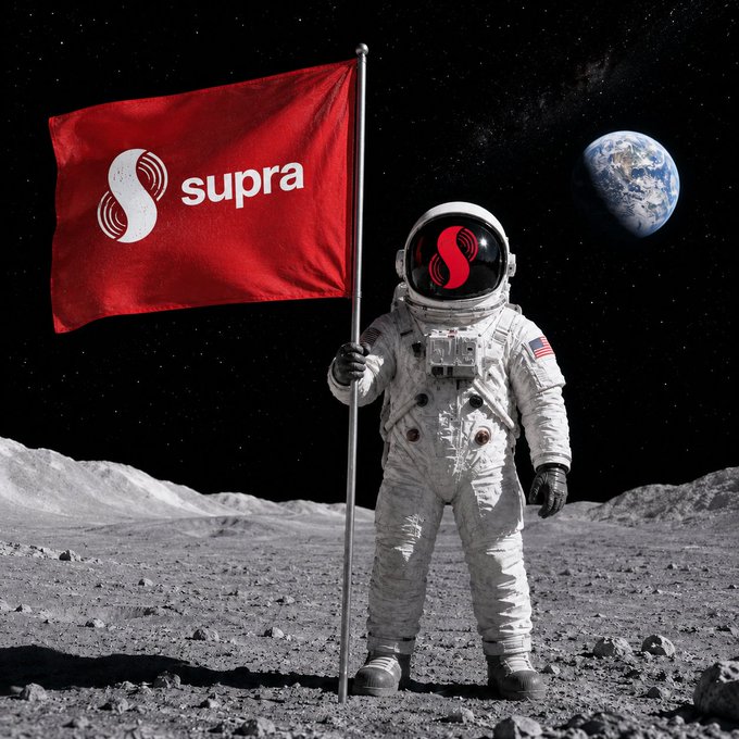 An astronaut standing on the moon's surface holding a red flag with the 'supra' logo, with Earth visible in the background against a starry sky.