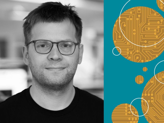 A black-and-white portrait of a man with glasses next to a teal panel featuring gold circuit-board patterns with circular cutouts.
