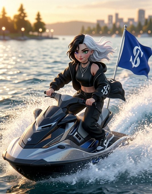 Stylized anime-style illustration of a girl with half-black, half-white hair riding a jet ski on water with a city skyline in the background, carrying a blue flag with an 'S' symbol.