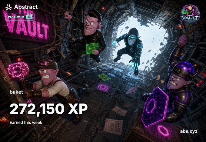 An 'Abstract' digital wallet dashboard displays 'The Vault' with cartoon goblins and characters in a sci-fi tunnel, showing 'baket' earned '272,150 XP' 'Earned this week' with 'abs.xyz' branding.