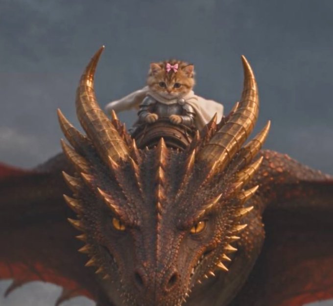 A small orange kitten wearing a pink bow and tiny armor rides atop a massive, golden-horned dragon, symbolizing a tiny underdog boldly commanding a powerful beast—mirroring the post's theme of being sidelined but still holding strong conviction in a small-cap coin ($AUR) backed by supportive community builders.