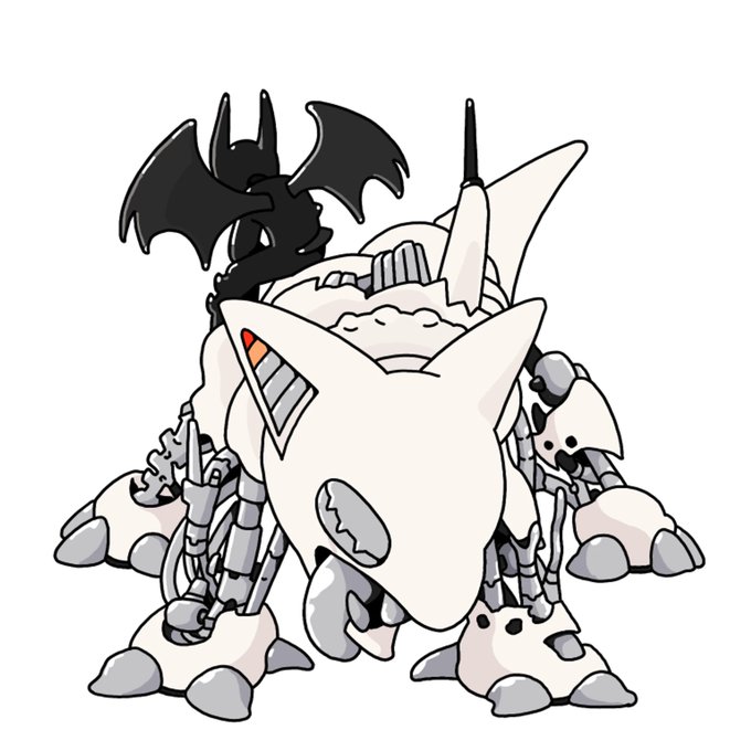 White mechanical creature illustration with multiple legs, sharp teeth, and a small black bat-like creature perched on top.