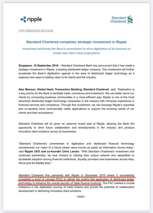 A Standard Chartered press release dated September 15, 2016, announcing the bank's strategic investment in Ripple, highlighting their partnership since December 2015 and completion of the world's first distributed ledger PoC to enhance trade finance invoicing security.