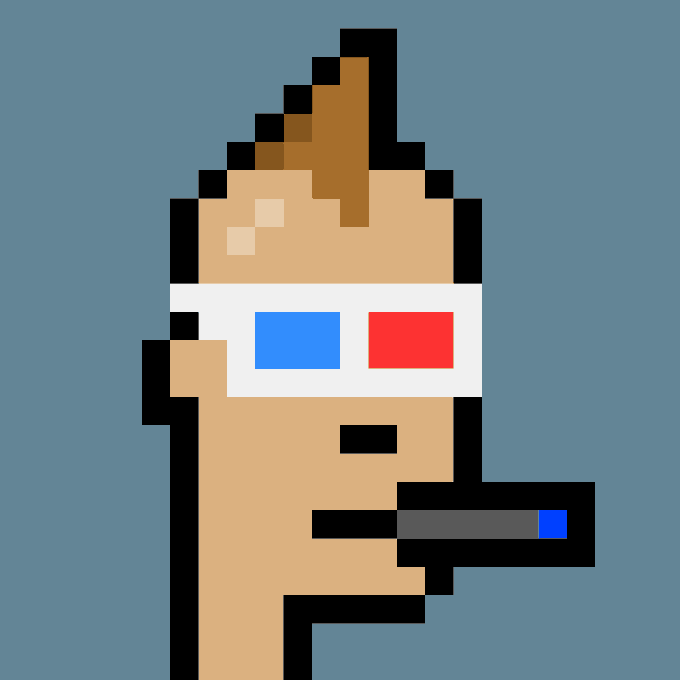 A pixel art character with a brown mohawk, red and blue 3D glasses, and a blue cigarette, representing CryptoPunk #7173, which was purchased for 88.88 ETH ($139,645 USD) by wallet 0x479a...e3fc from 0x2238...ebf1.