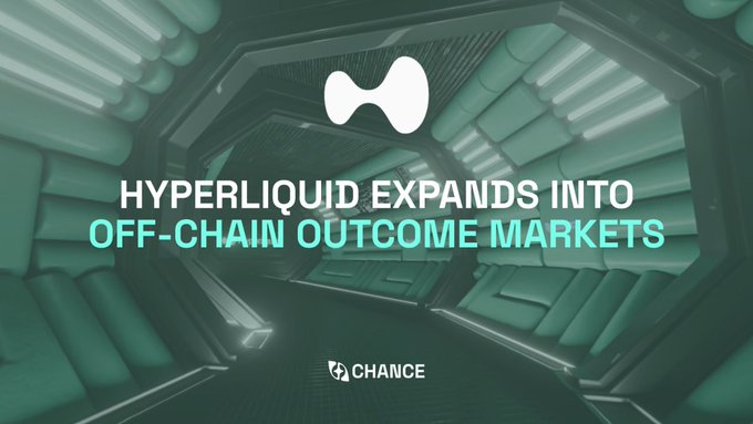 The image features a green tunnel with white lights inside of which there are two large white circles. The text "Hyper Liquid expands into Off-chain Outcome Markets" is written above the tunnel, while the phrase "Focus on what is in the image and how it relates to the post." is written below the tunnel.