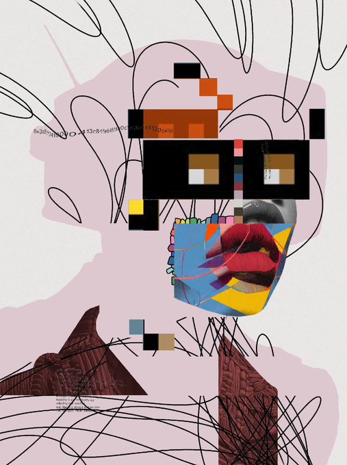 A digital collage artwork featuring fragmented pixelated eyes, vivid red lips, and abstract scribbles layered over a soft pink silhouette, paired with the text "@x3sizoN20 & @03820session @bagholder.exe" and faint code snippets, visually accompanying the announcement of the NFT "BAGHOLDER.EXE" selling for 0.399 ETH.
