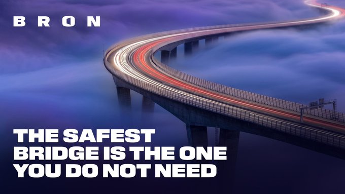 The image features a purple bridge with a curved roadway, surrounded by foggy mountains. The caption of the image reads "BRON THE SAFEST BRIDGE IS THE ONE YOU DO NOT NEED", which seems unrelated to the bridge or its surroundings.