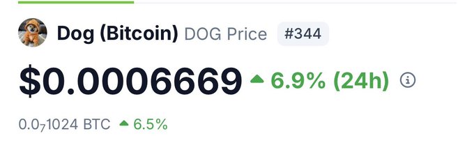 A price display for Dog (Bitcoin) showing the DOG Price at $0.0006669, up 6.9% in the last 24 hours, ranked #344.