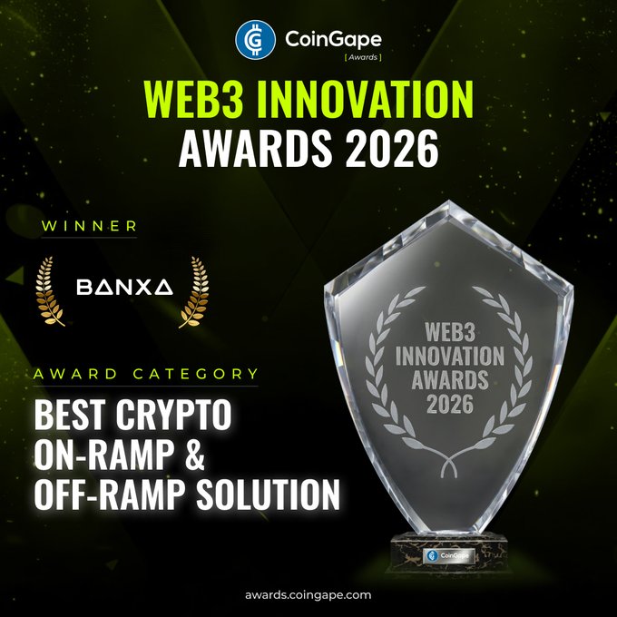 The image showcases Banxa's award graphic from the CoinGape Web3 Innovation Awards 2026, featuring a crystal trophy and announcing Banxa as the winner of "Best Crypto On-Ramp & Off-Ramp Solution." This award visually reinforces the post's claim about Banxa's industry-leading position in crypto on and off-ramp services, validated by their extensive partner network and global user base.