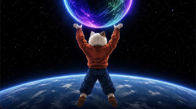 A digital illustration of an anthropomorphic cat in an orange hoodie reaching up toward a glowing purple planet while floating above Earth.