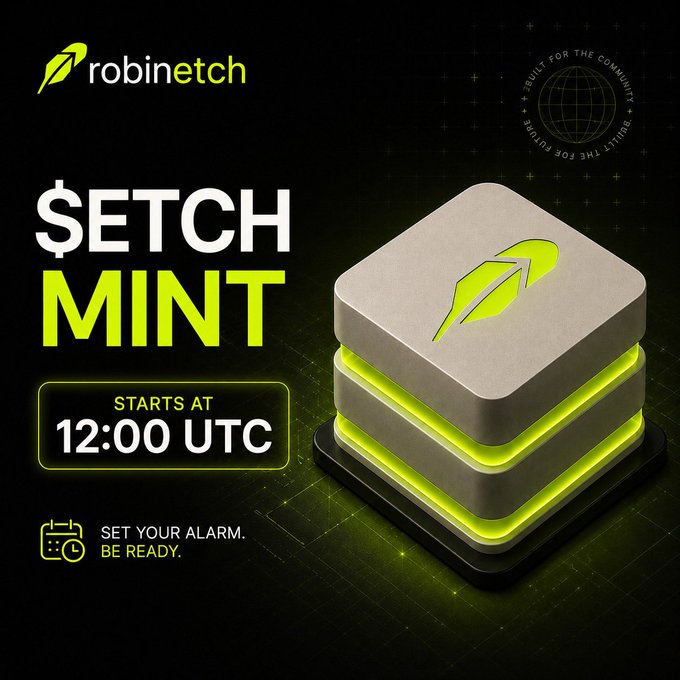 A Robinetch promotional graphic announcing '$ETCH MINT' starting at 12:00 UTC, featuring a metallic cube with a green feather/leaf logo and a 'SET YOUR ALARM. BE READY.' call to action.