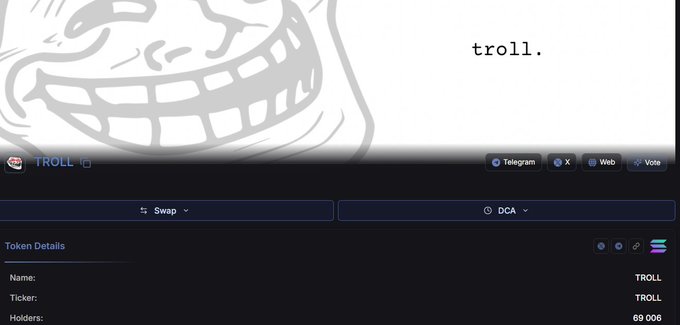 The image displays a token information page for "TROLL" with a meme face graphic, showing token details including Name: TROLL, Ticker: TROLL, and 69,006 holders, directly confirming the post's claim that $TROLL has surpassed 69,000 on-chain holders.