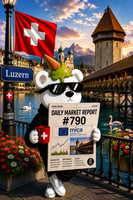 An AI-generated image features a bear character wearing sunglasses and holding a "Bearish Records DAILY MARKET REPORT #790" in front of the Lucerne Chapel Bridge and a Swiss flag.
