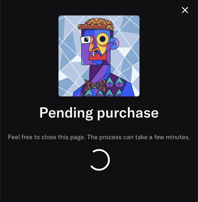Pending purchase dialog for an NFT featuring a colorful geometric character artwork, with a loading spinner and message 'Feel free to close this page. The process can take a few minutes.'