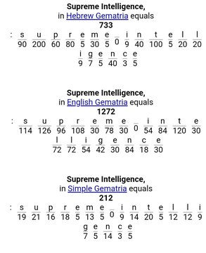 A gematria calculation showing that "Supreme Intelligence" equals 733 in Hebrew, 1272 in English, and 212 in Simple Gematria, reportedly tying the phrase to XRP-related numerology from a post titled "XRP Moons October."