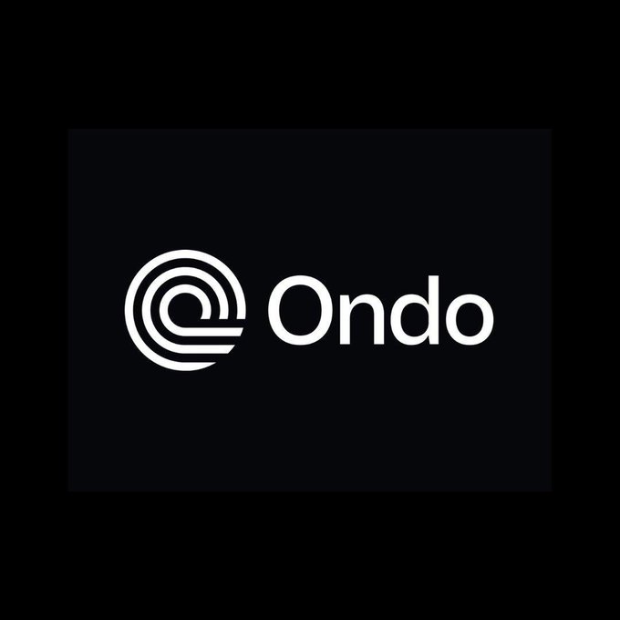 The image displays the Ondo logo in white against a black background, featuring a circular emblem with curved lines alongside the wordmark "Ondo." It visually reinforces the post about @OndoFinance surpassing $53M in 24h trading volume for the $ONDO token.