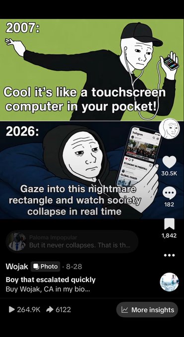 Wojak-style meme contrasting 2007 ("Cool it's like a touchscreen computer in your pocket!") with 2026 ("Gaze into this nightmare rectangle and watch society collapse in real time"), showing a fake TikTok-style video with 30.5K likes and 264.9K views.