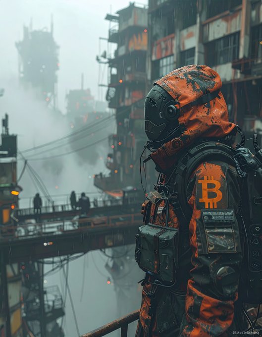 A futuristic figure in an orange hooded jacket with a Bitcoin 'B' logo and gas mask stands overlooking a dystopian cyberpunk cityscape with industrial structures and bridges.
