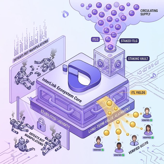 An infographic illustrating the InterLink Ecosystem Core featuring circulating supply, staking vault, ITL yields, stabilized liquidity, and long-term value alignment with verified users.