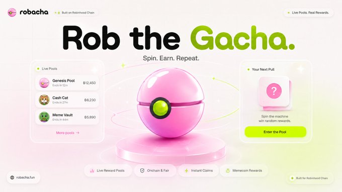 Webpage for "robacha.fun" featuring "Rob the Gacha. Spin. Earn. Repeat." with live pools including Genesis Pool ($12,450), Cash Cat ($8,230), and Meme Vault ($5,890).