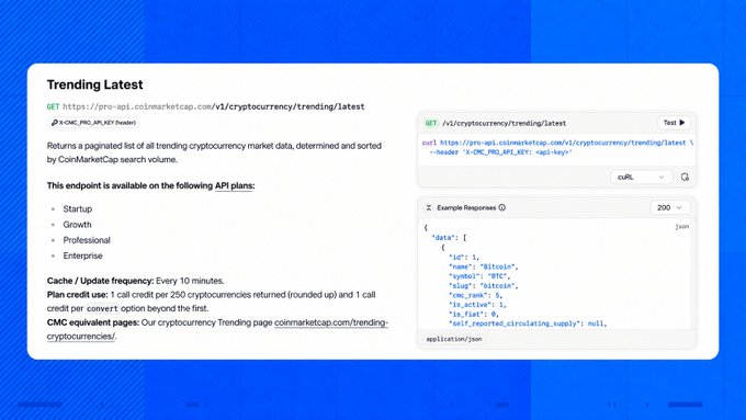 API documentation for the 'Trending Latest' endpoint at pro-api.coinmarketcap.com showing a sample GET request, response example with cryptocurrency data (Bitcoin, Ethereum, etc.), and plan credit usage details.
