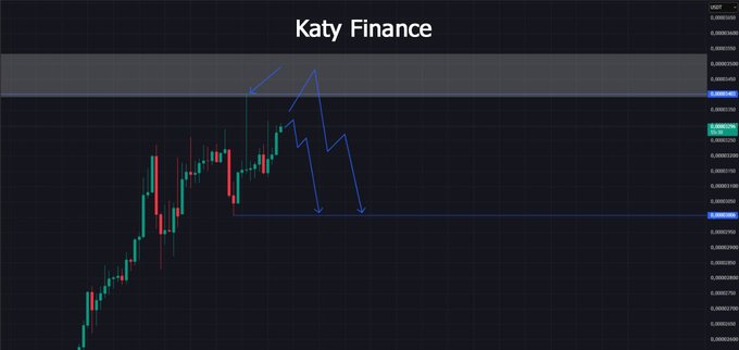 A USDT chart labeled "Katy Finance" shows price action testing a resistance zone near 0.00006, with annotated blue arrows projecting a potential downward move toward support around 0.00003. This visual supports the post's bearish outlook for the #RATS token, illustrating the expected price decline from the resistance area as open interest drops and volume fades.