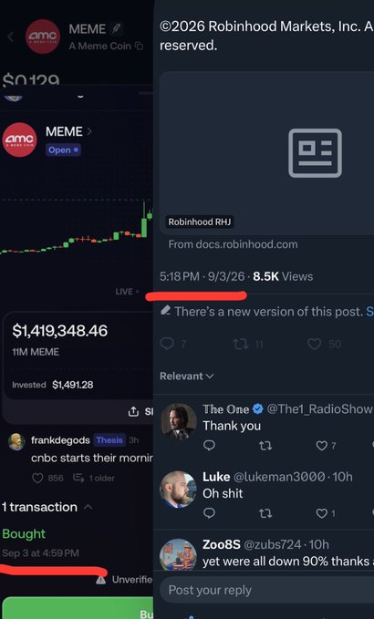 A Robinhood app screenshot showing a MEME coin position worth $1,419,348.46 (11M tokens) on a $1,491.28 investment, with an 8.5K-view Robinhood RHJ tweet announcing a 2026 markets release, illustrating the post's point about followers receiving a timely alert that could have yielded massive gains.