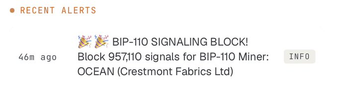 A "Recent Alerts" notification showing that Block 957,110 signaled for BIP-110 by miner OCEAN (Crestmont Fabrics Ltd) approximately 46 minutes ago, confirming a new miner has joined the BIP-110 signaling effort.