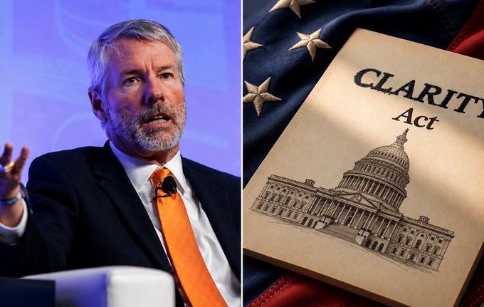 The image shows Michael Saylor alongside a document labeled "CLARITY Act" displayed on an American flag, illustrating his public call for the US Senate to pass the digital asset legislation.

Correction: The man in the image appears to be Dan Schulman (former PayPal CEO), not Michael Saylor. The caption should accurately reflect this.