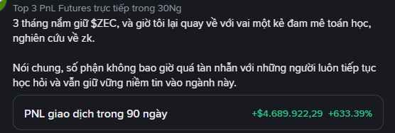 A Vietnamese text post titled 'Top 3 PNL Futures' showing PNL trading results over 90 days of +$4.689.922,29 (633.39%).