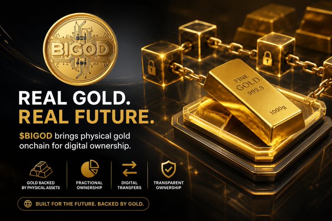 A promotional graphic for “$BIGOD” shows a gold coin, gold bars, and digital-chain imagery with the text “REAL GOLD. REAL FUTURE.” and claims about physical gold backed digital ownership.