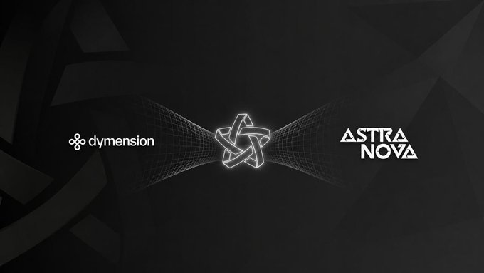The image features a black background with white text that reads "Official Partnership - now live". The text is positioned above an image of a star, which has a white outline against the black background. Below this image, there's some text that says "Astra Nova" and "Dymension RollApps", indicating the partnership between Astra Nova and Dymension RollApps.