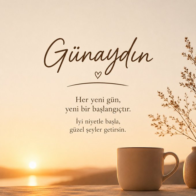 A serene sunset image with a coffee mug and dried flowers, featuring Turkish text "Günaydın" (Good morning) and the message "Her yeni gün, yeni bir başlangıçtır. İyi niyetle başla, güzel şeyler getirsin." (Every new day is a new beginning. Start with good intentions, may it bring beautiful things).